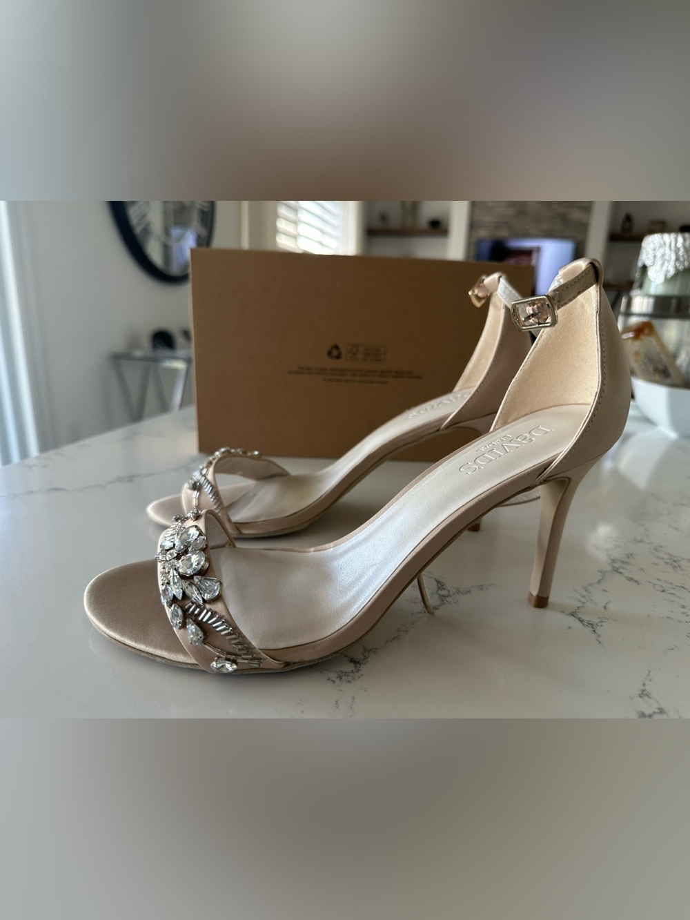David’s Bridal Embellished Champagne Satin Open-Toe Heels with Ankle Strap